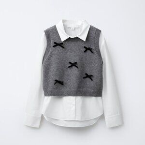 Zara Kids || Poplin Shirt with Knitted Vest + Velvet Bows